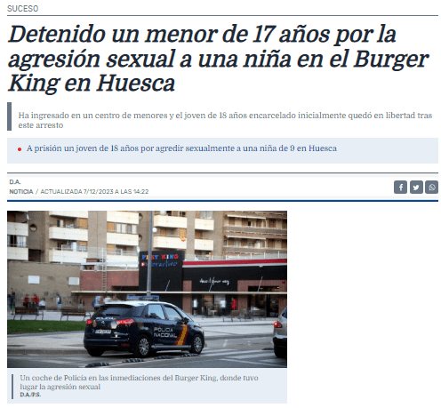 Detenido un menor de 17 años por la agresión sexual a una niña en el Burger King en Huesca
