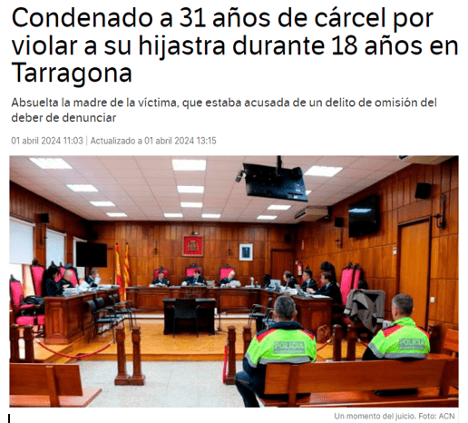 Condenado a 31 años de cárcel por violar a su hijastra durante 18 años en Tarragona