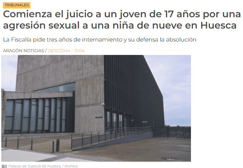 Comienza el juicio a un joven de 17 años por una agresión sexual a una niña de nueve en Huesca