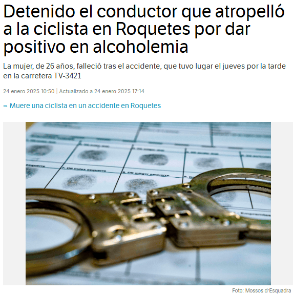 Detenido el conductor que atropelló a la ciclista en Roquetes por dar positivo en alcoholemia