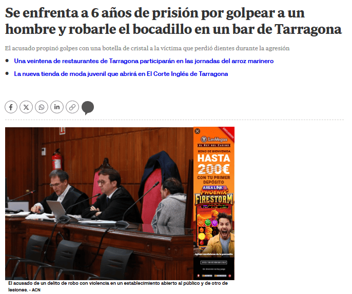 Se enfrenta a 6 años de prisión por golpear a un hombre y robarle el bocadillo en un bar de Tarragona