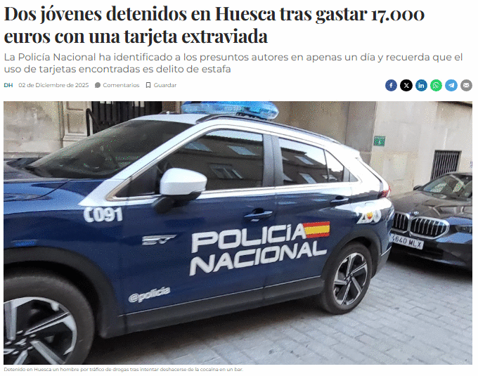 Dos jóvenes detenidos en Huesca tras gastar 17.000 euros con una tarjeta extraviada