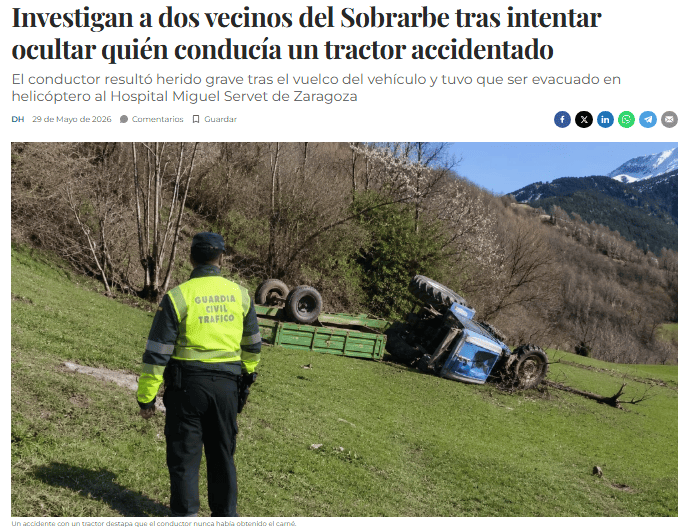 Investigan a dos vecinos del Sobrarbe tras intentar ocultar quién conducía un tractor accidentado